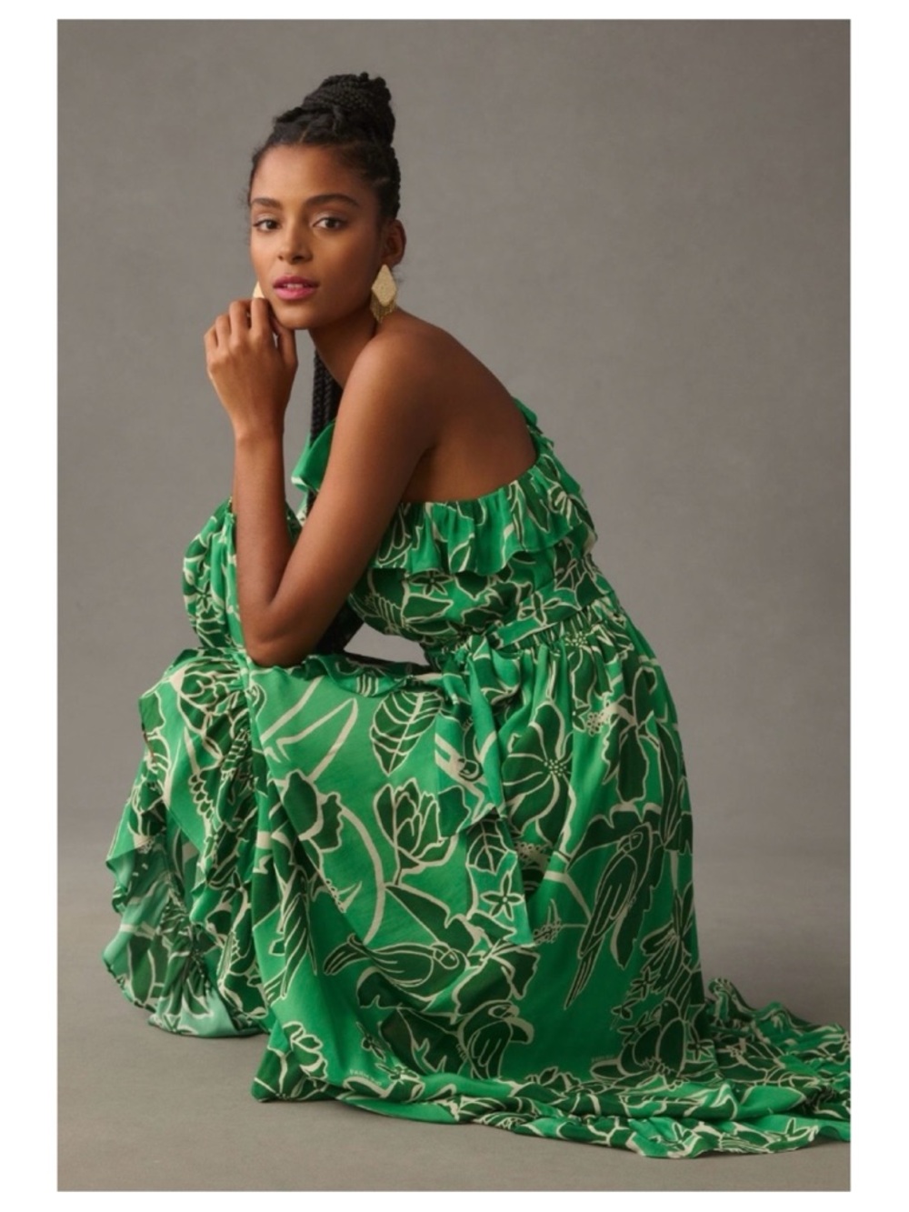 NWOT Anthropologie Farm Rio Printed One Shoulder Ruffle Dress in Living Nature M - Picture 2 of 16